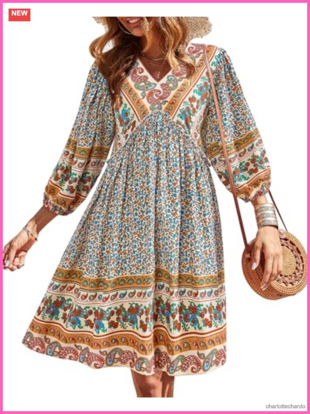 Womens Floral Mini Dress V Neck 3/4 Balloon Sleeve Loose Fit